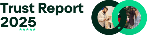 A graphic with 'Trust Report 2025' written in a large font on the left, with an intertwining circle on the right. Each circle displays a photo of people browsing in stores. It also features the Trustpilot star.