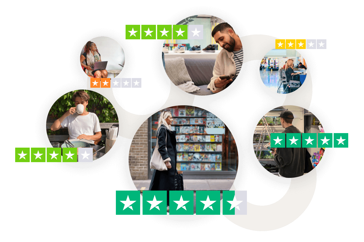 A circular collage showing various people in different settings (working on laptops, using phones, shopping, drinking coffee, walking), interconnected by lines, with the various Trustpilot green, yellow, and orange star ratings floating around them.