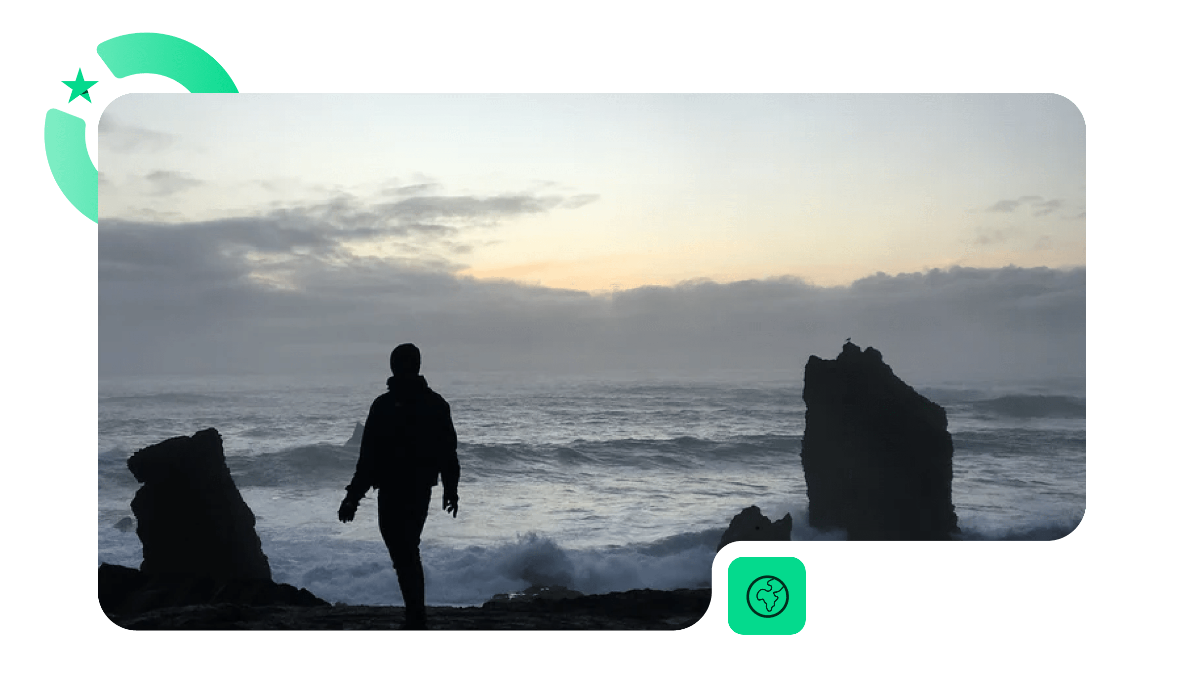 Silhouette of a person walking along a rocky coastline at sunset, with waves crashing and large rock formations in the sea.