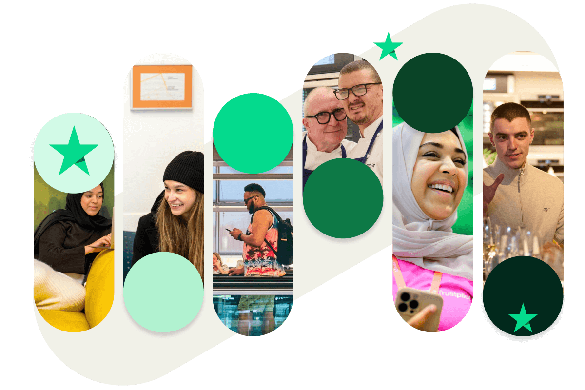 A graphic showing 6 different images of various people in each one. Each image is displayed in a tall oval shape with the Trustpilot star appearing on either end.