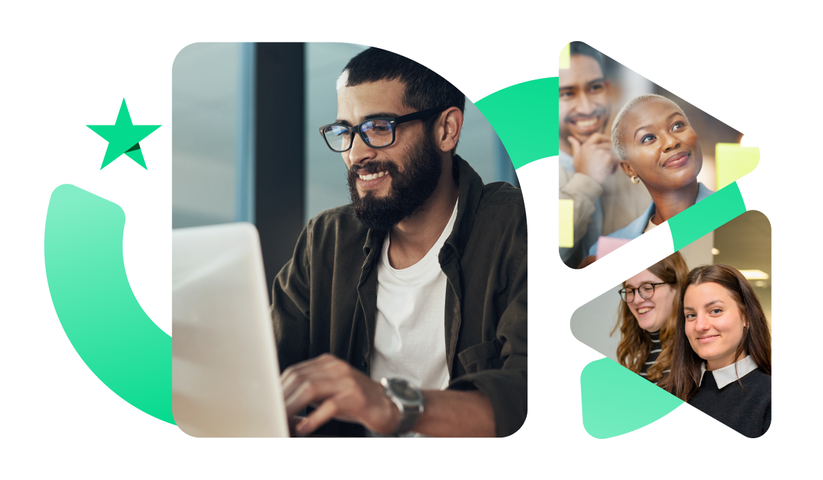 Smiling man using laptop alongside diverse group of professionals, with Trustpilot branding elements in the background.