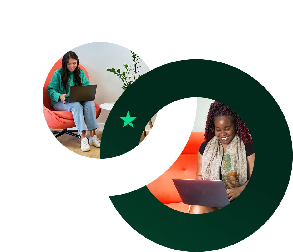 A graphic of two intertwining circles, each showing a photo of a woman working on her laptop and smiling