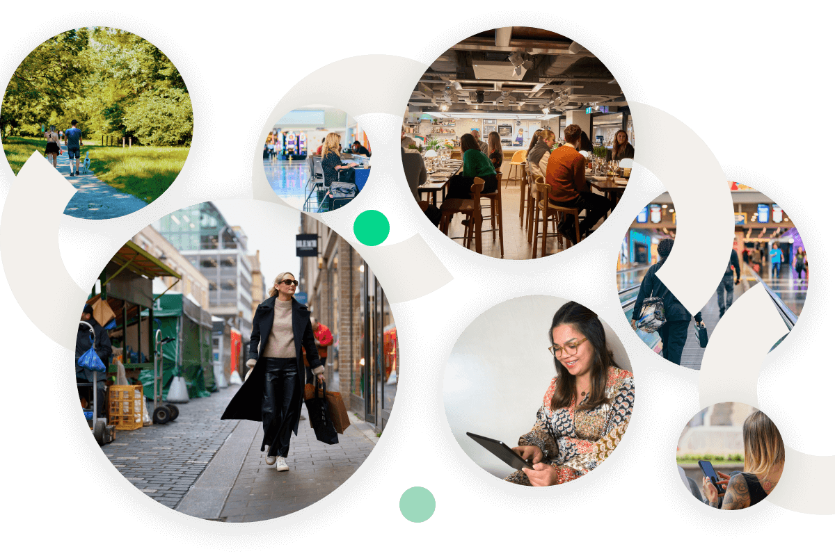 A collage of circular images showing diverse people in various urban and outdoor settings, including walking in a park, dining in a restaurant, shopping at a market, and working on a tablet.