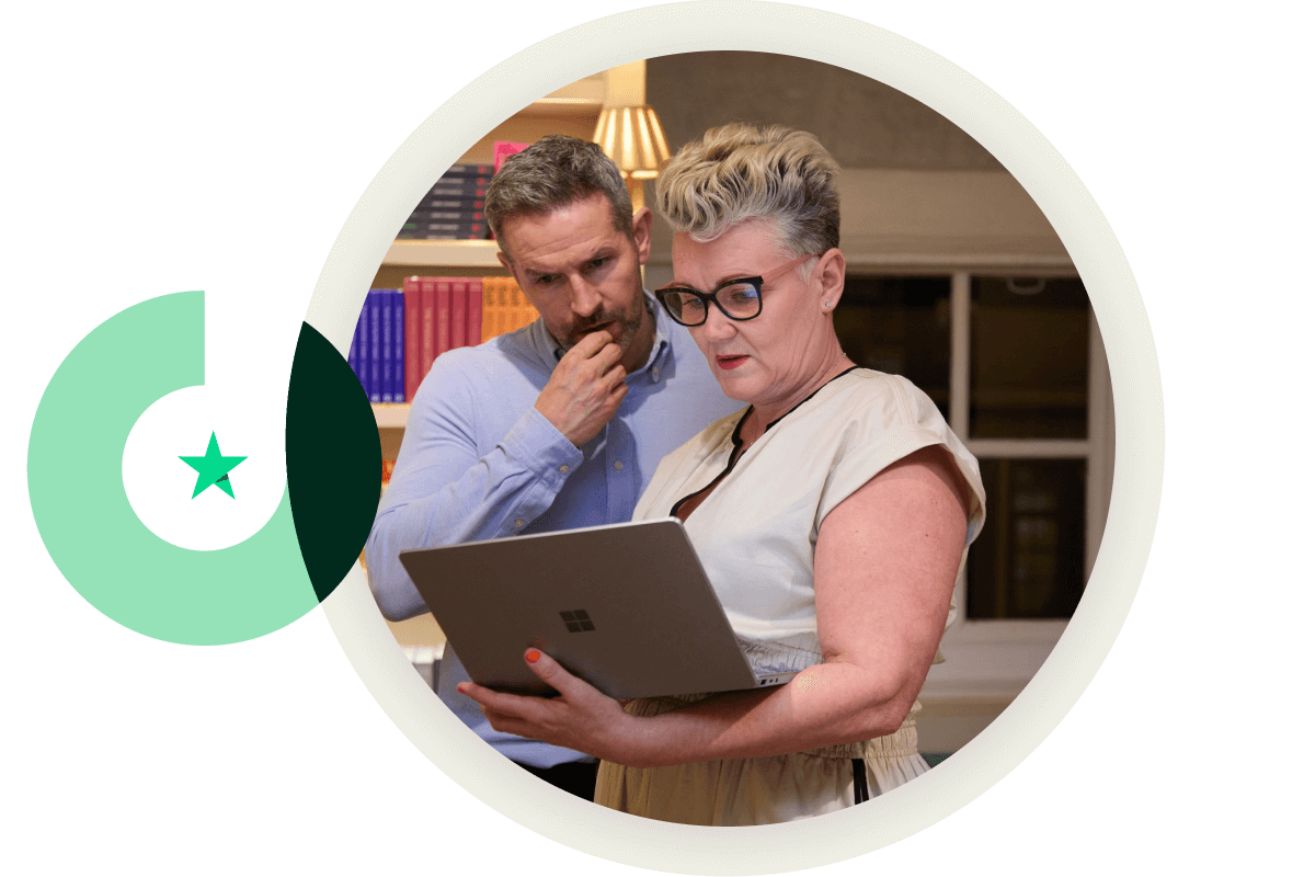 A photo of a man and a woman looking at the screen of a laptop that the woman is holding, overlaid with abstract green circular graphics and a star icon.