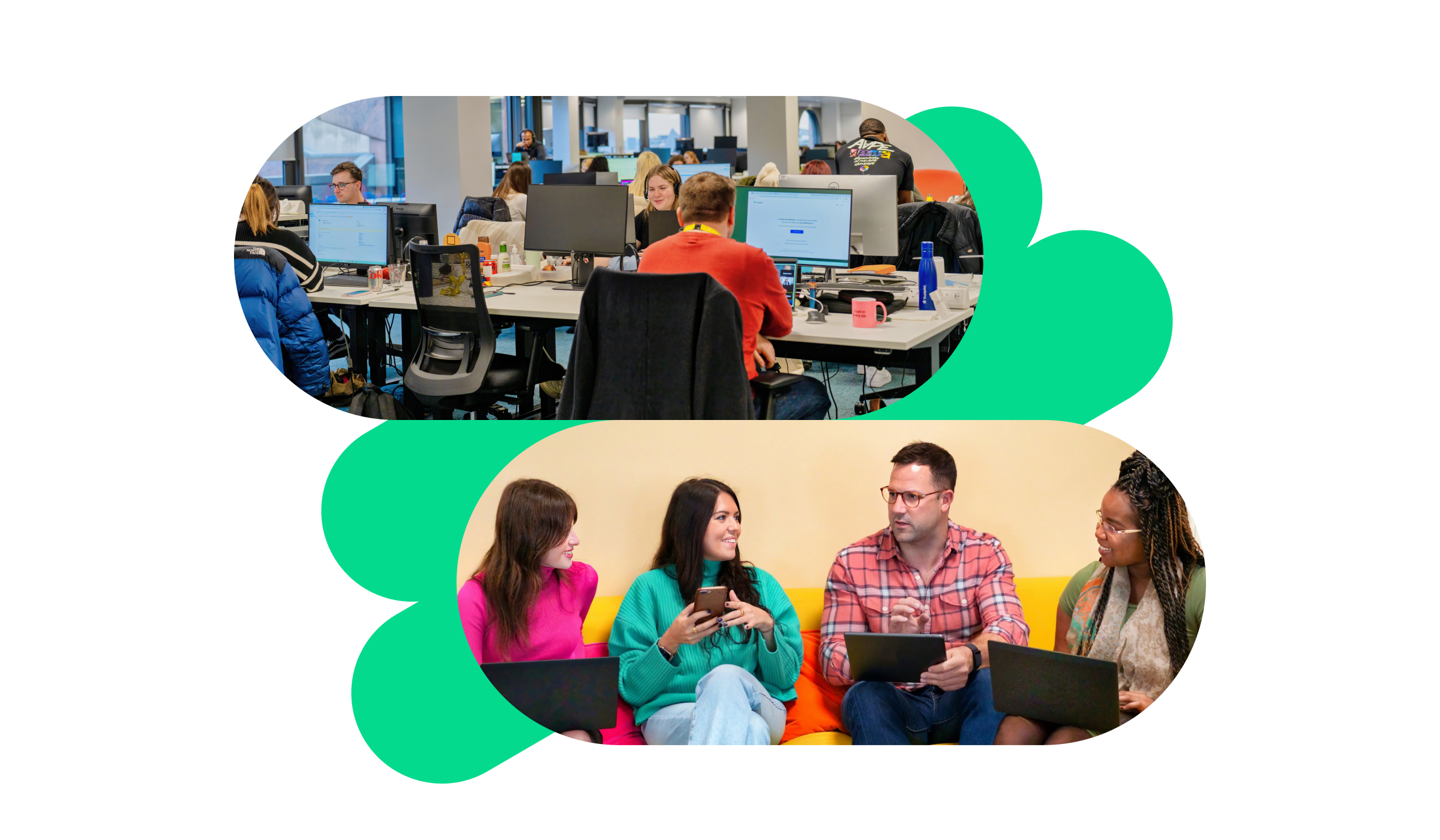 A photo of a group of Trustpilot employees working at their desk, in the office