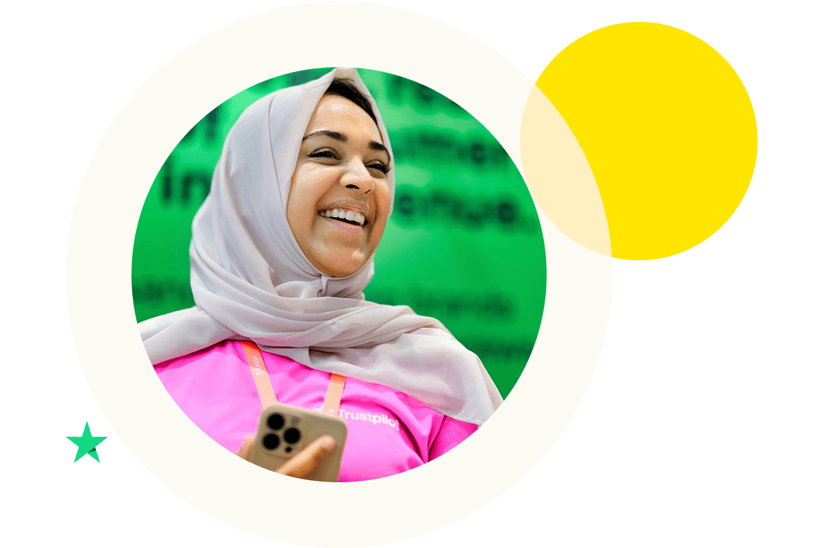 A light beige Circle with a photo of a female looking away and smiling. It also features a small Trustpilot star in the bottom left corner and a yellow circle in the top right.