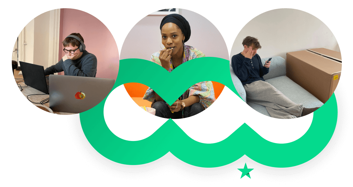 A graphic showing 3 intertwining circles, 3 images of 3 individuals and the Trustpilot star