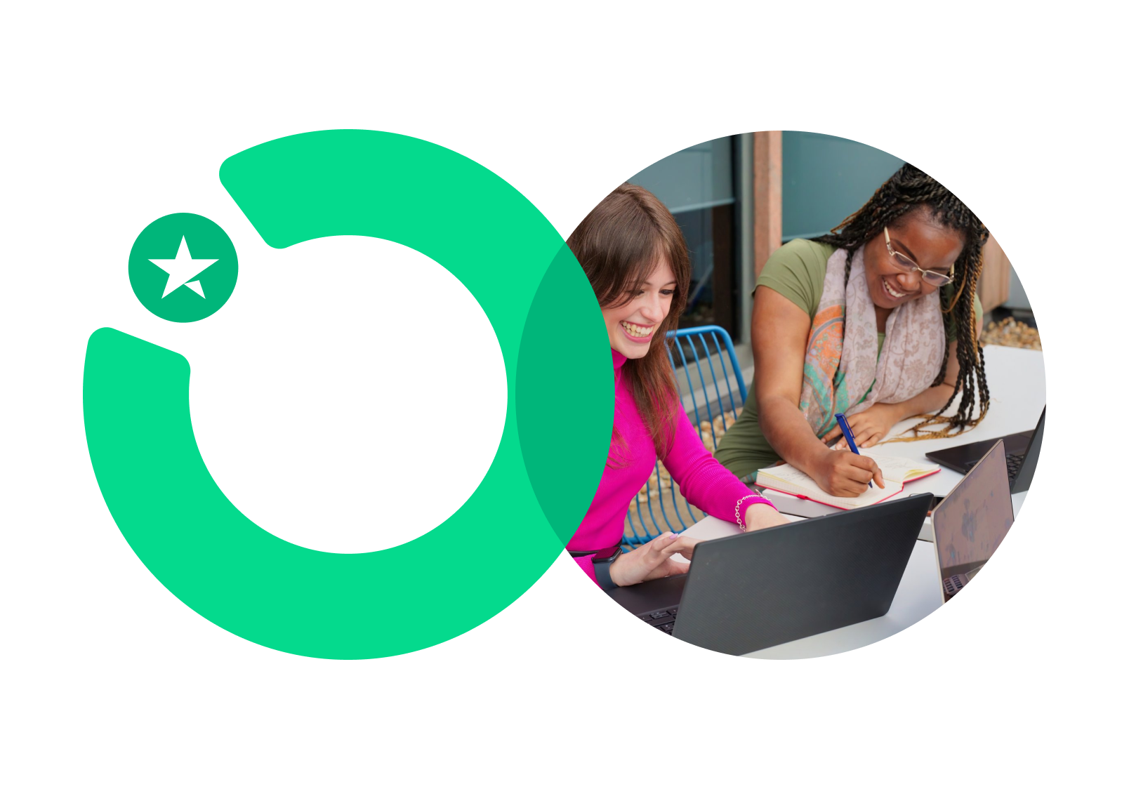 A circular graphic containing a photo of two professional women working at their desks