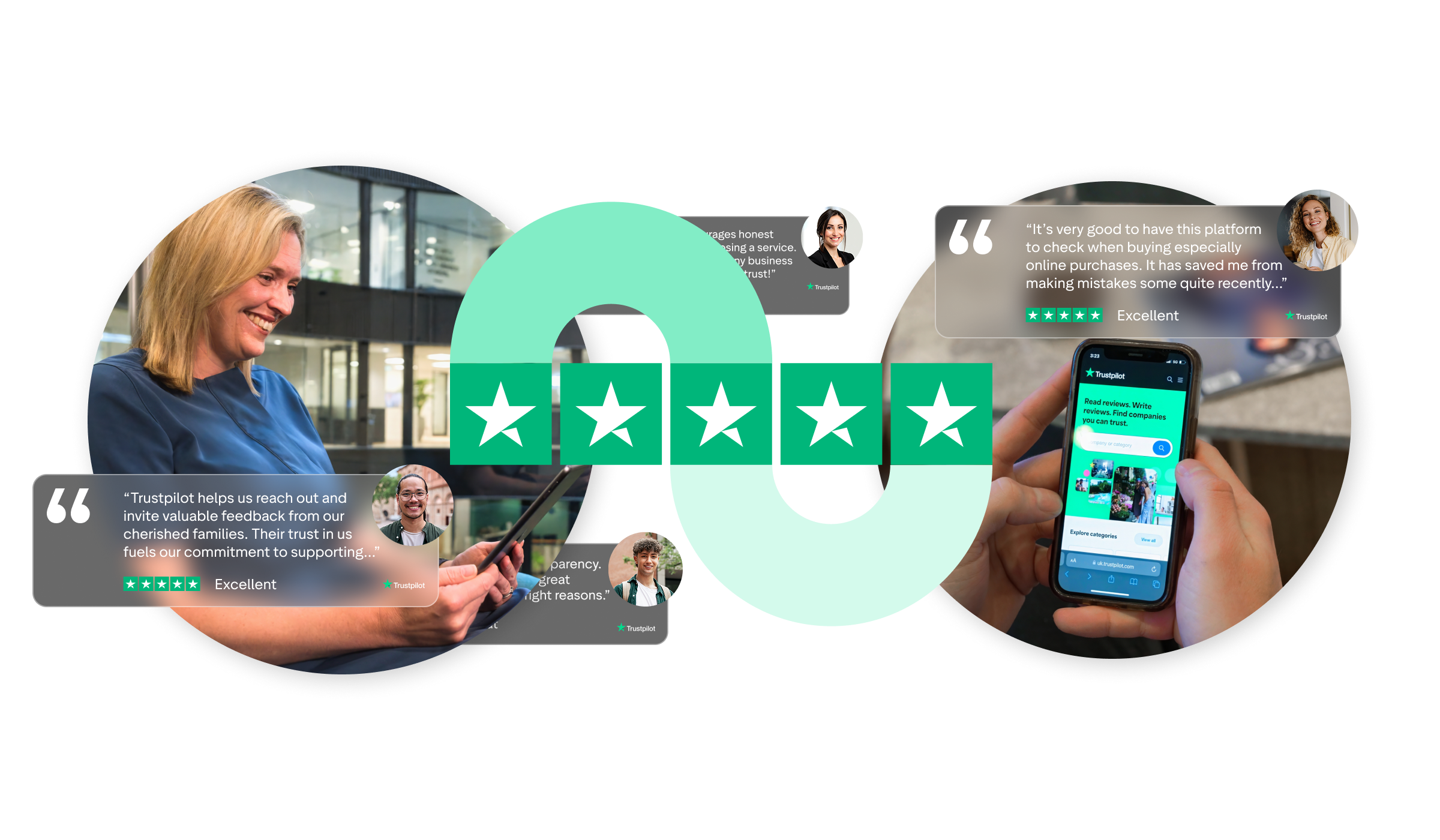 A photo of a woman looking at the Trustpilot website on her Tablet with overlays of the Trustpilot 5 star rating as well as a few 5 star reviews