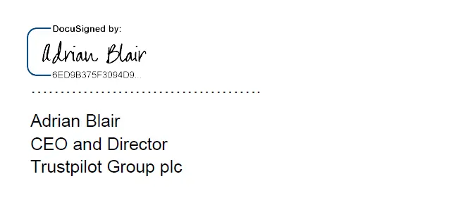 A DocuSigned signature by Adrian Blaire, CEO of Trustpilot
